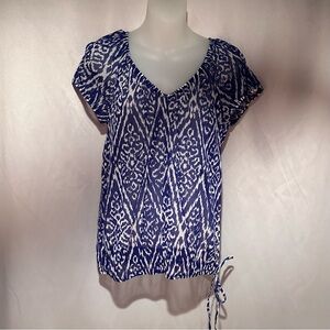 Blue and White Ikat Print Short Sleeve Sheer Women's Peasant Blouse Top Small